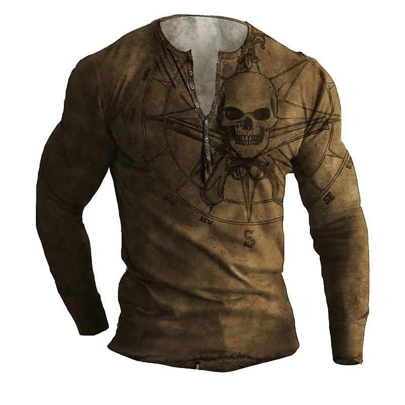 TIP723 Vintage V-hals Heren T-shirts Met Lange Mouwen 3d Print Navigatie Henley Shirt Hip Hop Trui Oversized T-shirt Mannen streetwear L