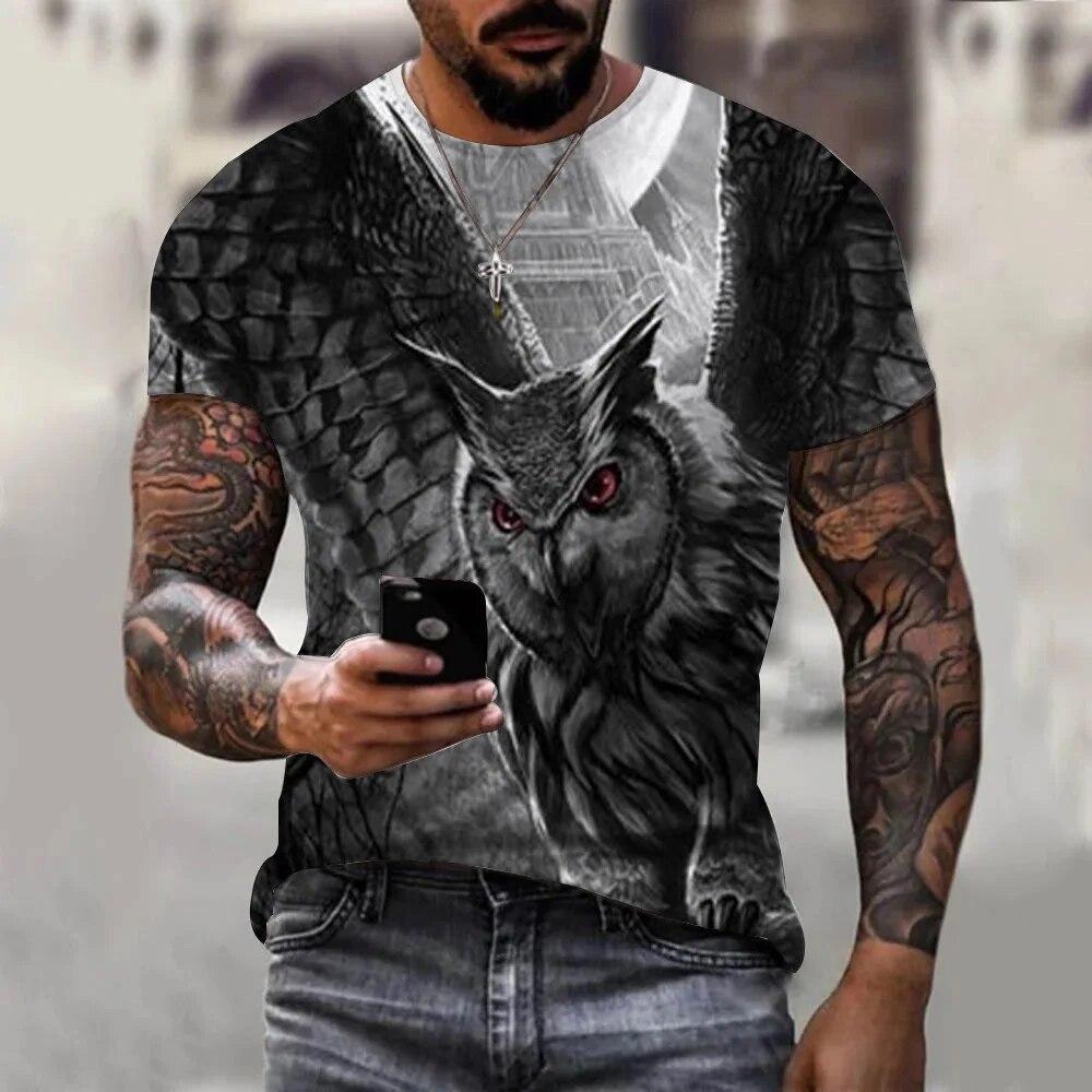 Kukebang Fashion Casual 3D Printing Heren Zomer Nieuwe Uil Animal Oversized T-shirt Vintage Top O Kraag T-shirt XL