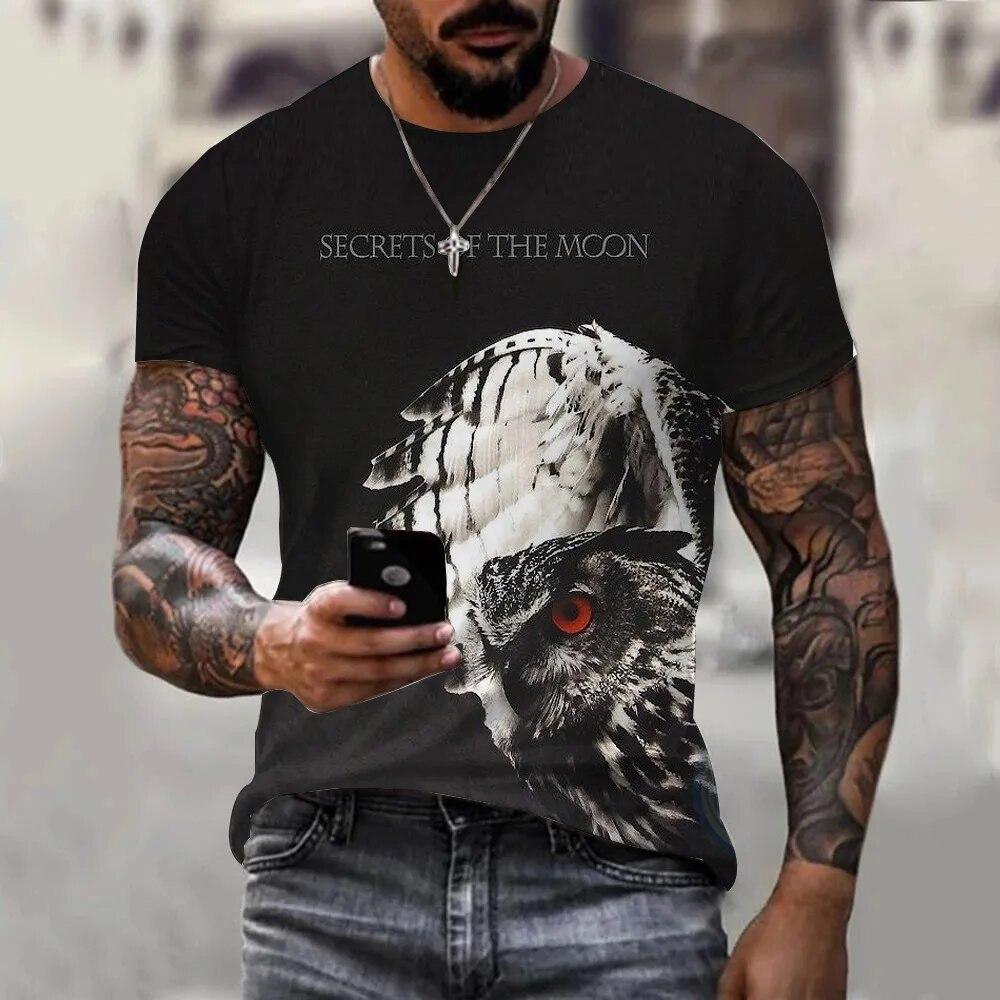 Kukebang Fashion Casual 3D Printing Heren Zomer Nieuwe Uil Animal Oversized T-shirt Vintage Top O Kraag T-shirt M