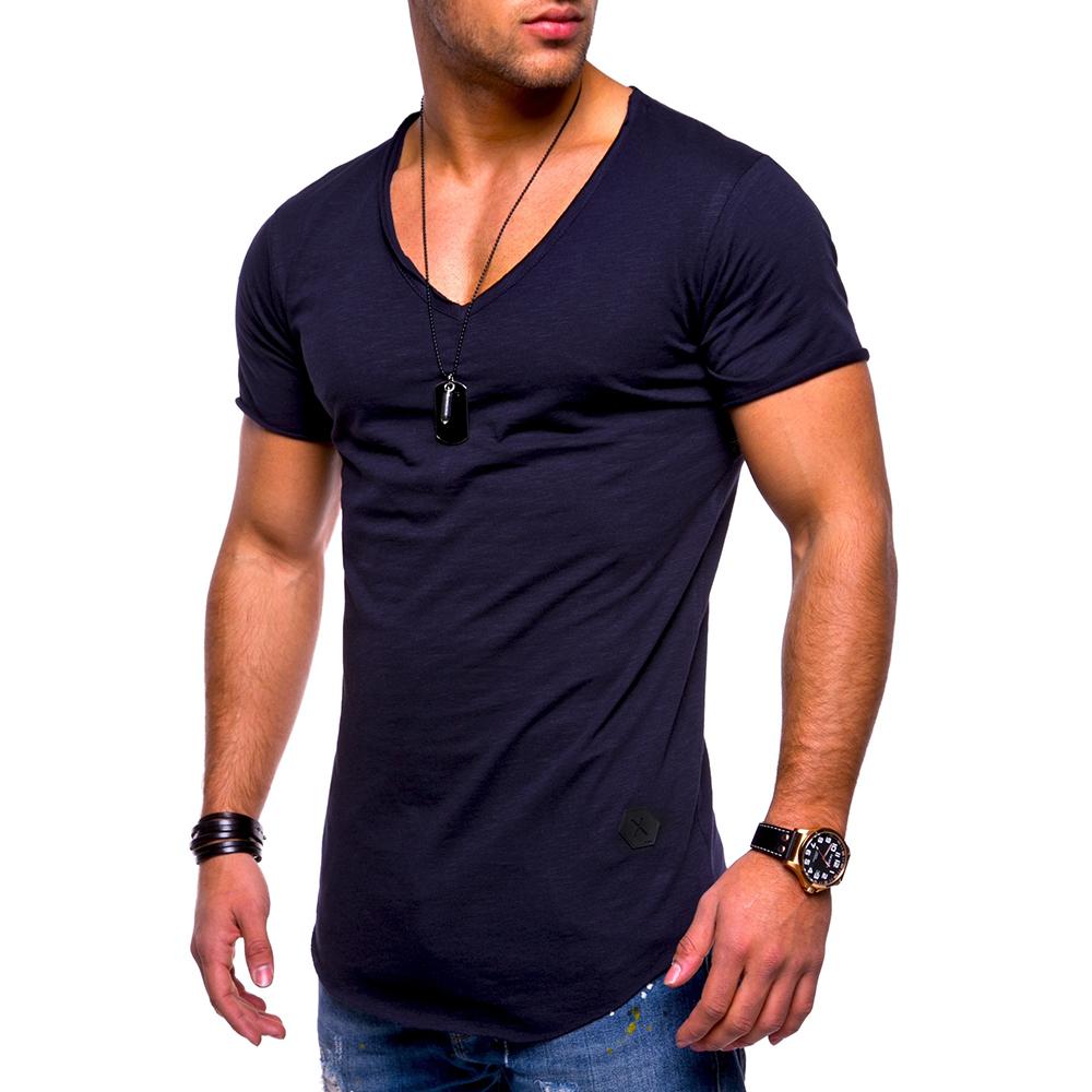 MAO MAO DIAN Heren T-shirt met korte mouwen en V-hals, casual slim-fit effen gespierde top-blouse L