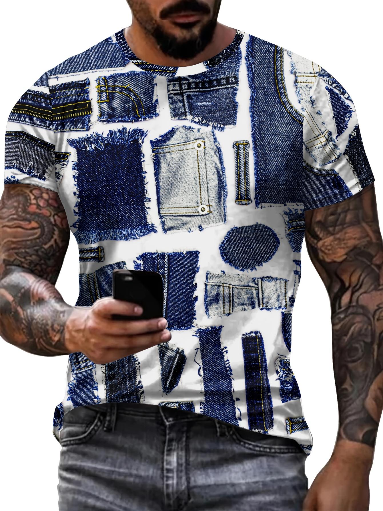 Chengyu Heren T-shirt 3D Digitaal Patchwork Grafische Print Korte Mouw T-shirts Comfortabel Casual Elastische Ronde Hals Heren Buitenactiviteiten Top S