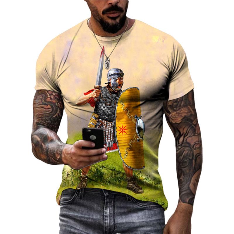 ETST 007 Zomer Heren Romeinse Gladiator grafische t-shirts Mode Casual 3D Geprint Soldaten Patroon Ronde Hals Korte Mouw T-shirts Tops M