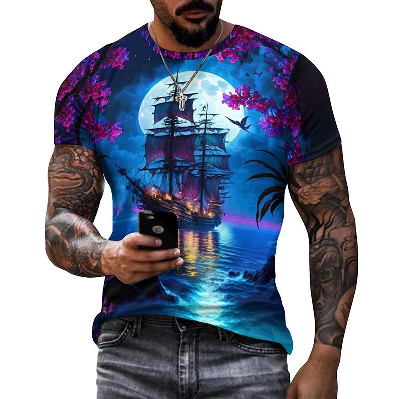 ETST 05 Summer Mens T Shirts Casual Loose T-shirt Sail Boat Pirate Ship 3D Printed O Neck Short Sleeve T Shirt Homme Oversized Quality 2XL