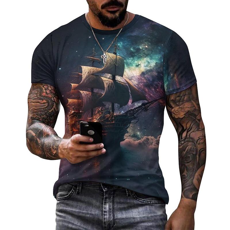 ETST 05 Summer Mens T Shirts Casual Loose T-shirt Sail Boat Pirate Ship 3D Printed O Neck Short Sleeve T Shirt Homme Oversized Quality 4XL