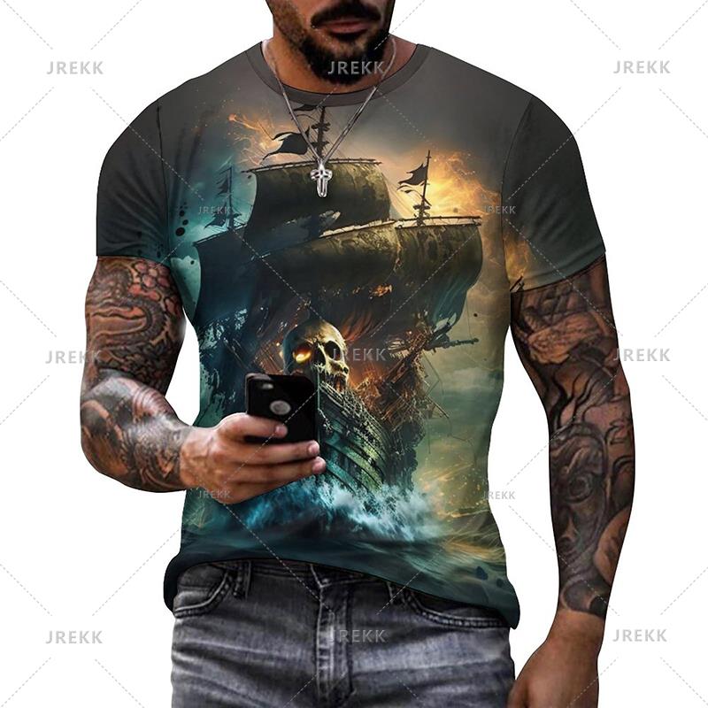 ETST 05 Summer Mens T Shirts Casual Loose T-shirt Sail Boat Pirate Ship 3D Printed O Neck Short Sleeve T Shirt Homme Oversized Quality XL