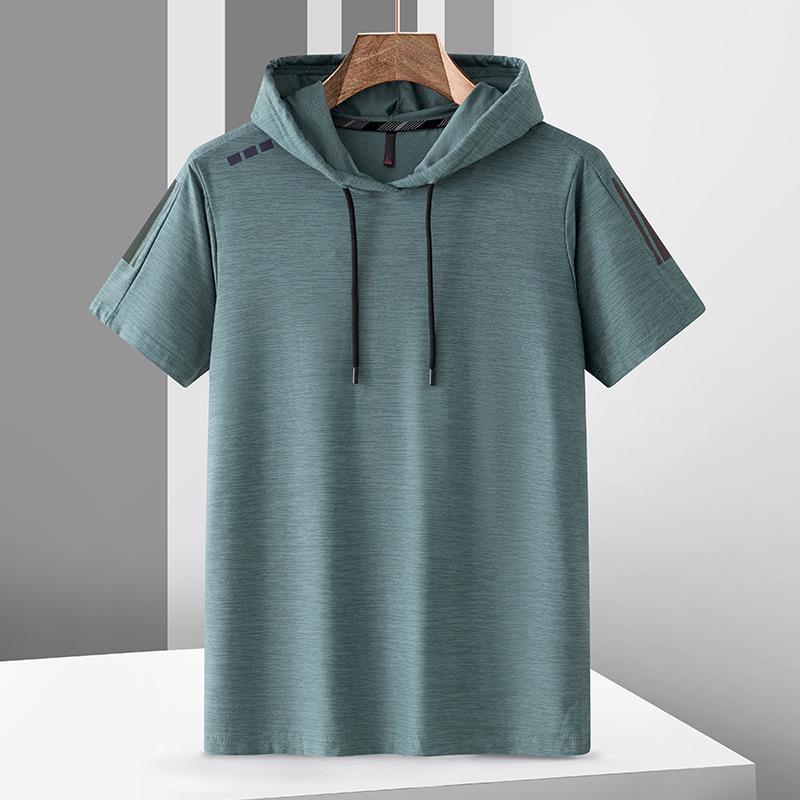 BigSopping 2022 Men's Trendy Hooded Ice Silk Quick-Dry Short Sleeve T-shirt for Summer Sports Large groen