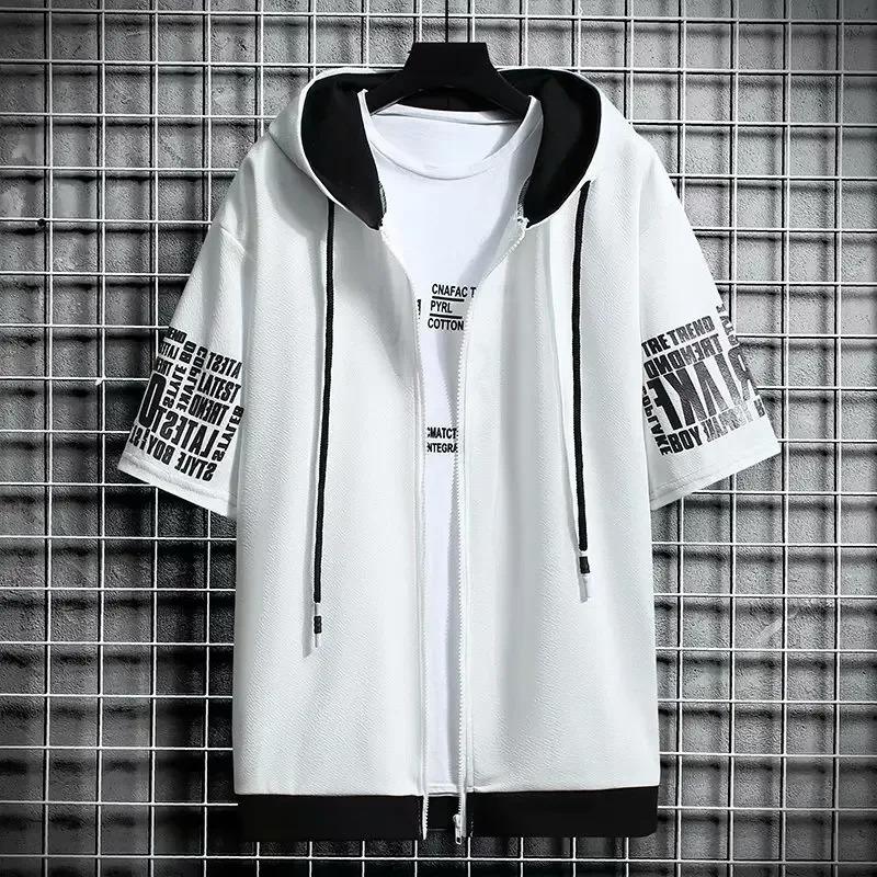 SCIONE Fashion Men's Hoodies Summer Men Clothing T-shirt Zipper Hood Cartoon Casual T Shirt Print Hooded Top Short Sleeve Men XXXL wit