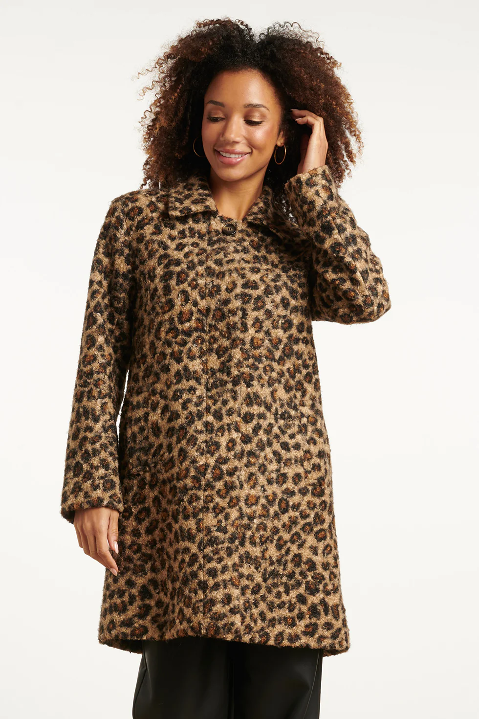 Smashed Lemon Bouclé dierenprint jas in camel en zwart |