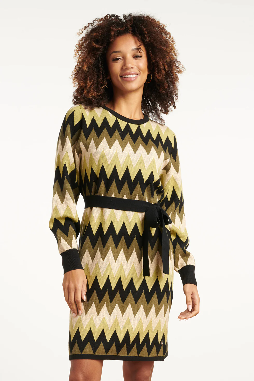 Smashed Lemon Gebreide zigzag jurk army en zand |