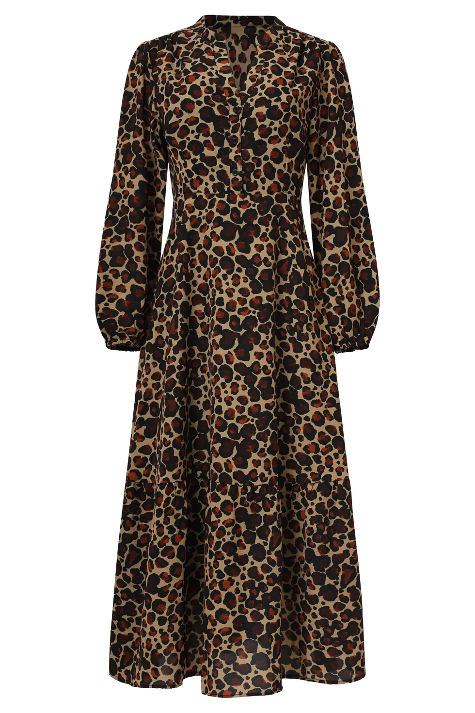 Smashed Lemon Chiffon dierenprint jurk met pofmouwen en v-hals in camel en bruin |