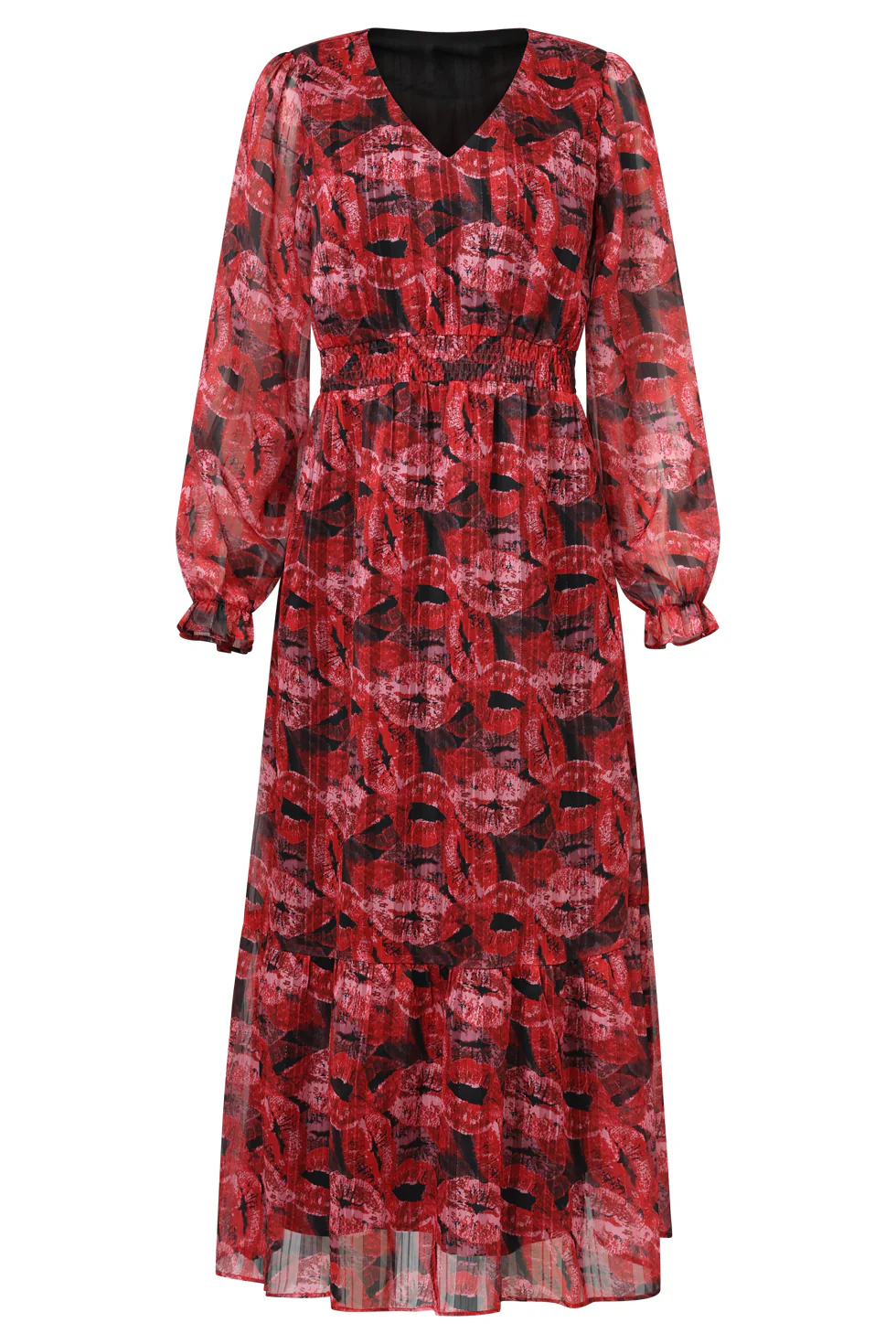 Smashed Lemon Lippenprint chiffon maxi jurk in rood en zwart |