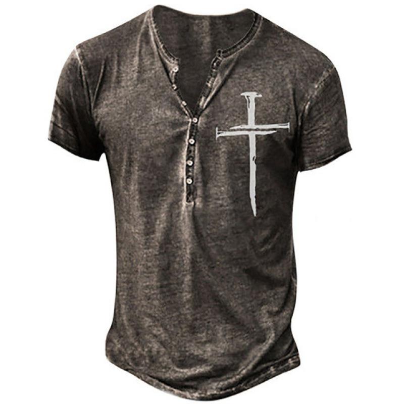 Haodingfushi Mannen V-kraag Knop Vintage T-shirt, Zomermode Punk T-shirt met korte mouwen. 3XL
