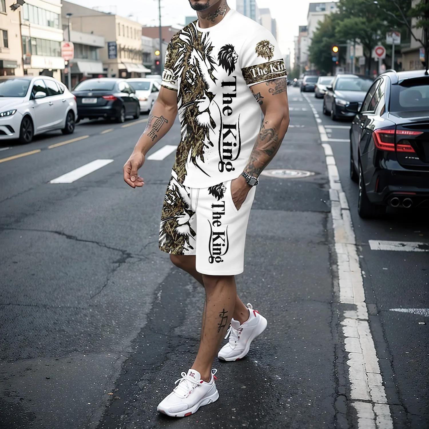 Bobby 2 3D leeuw vis print heren wit T-shirt met korte mouwen en shorts set sportkleding zomer straatvakantie dominante herenkleding XL