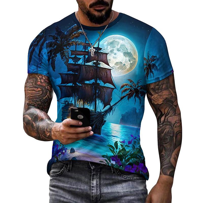 ETST 05 Summer Mens T Shirts Casual Loose T-shirt Sail Boat Pirate Ship 3D Printed O Neck Short Sleeve T Shirt Homme Oversized Quality 3XL