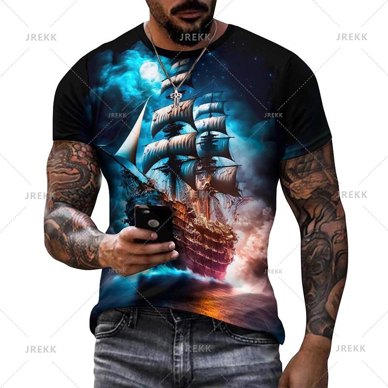 ETST 05 Summer Mens T Shirts Casual Loose T-shirt Sail Boat Pirate Ship 3D Printed O Neck Short Sleeve T Shirt Homme Oversized Quality XL