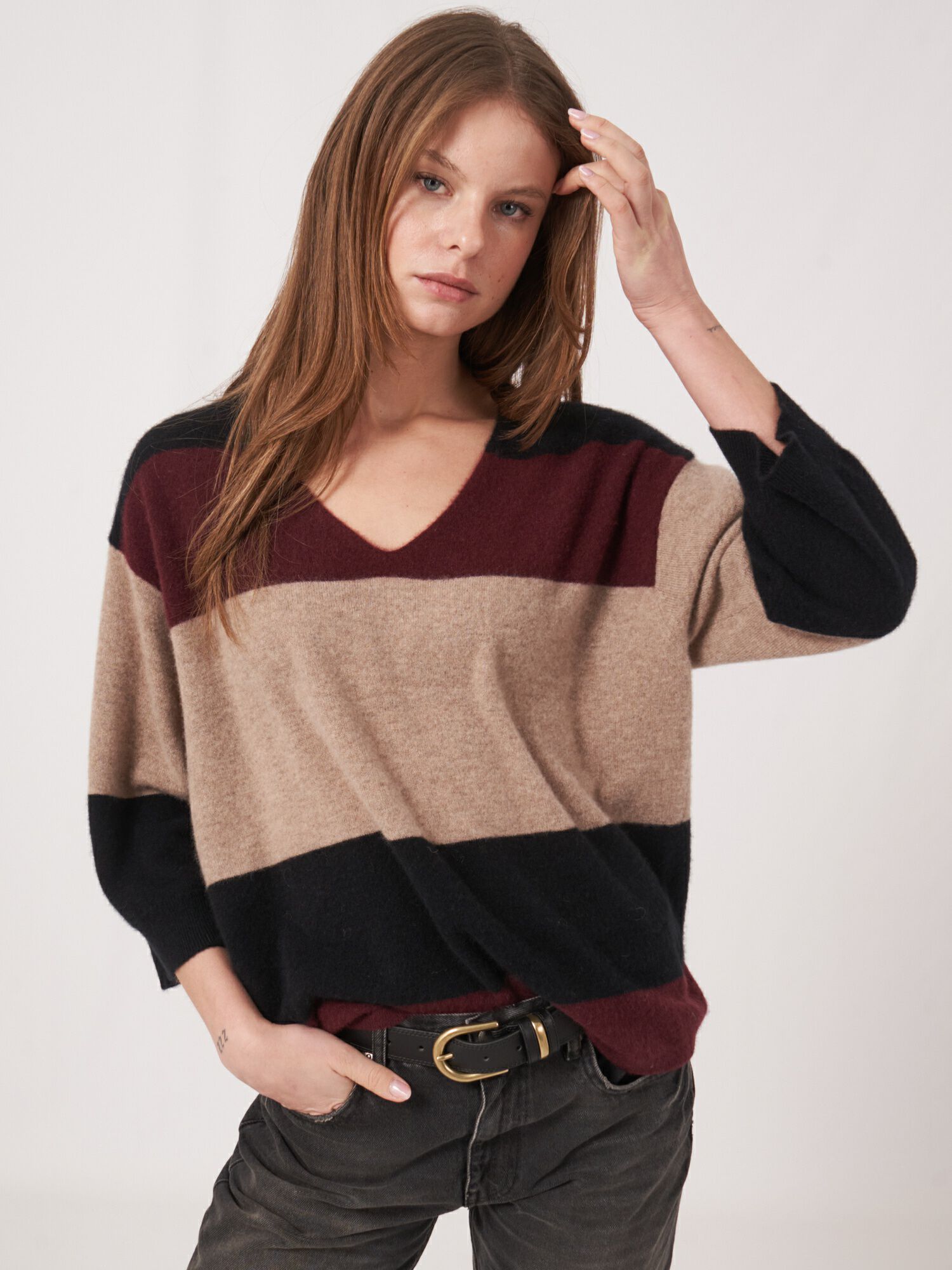 REPEAT cashmere Multi gekleurde 3/4 mouw cashmere sweater
