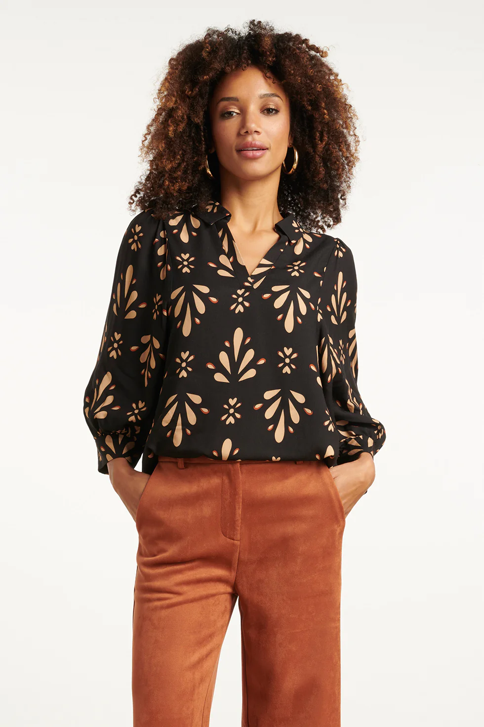 Smashed Lemon Ornament geprint top in zwart en camel |