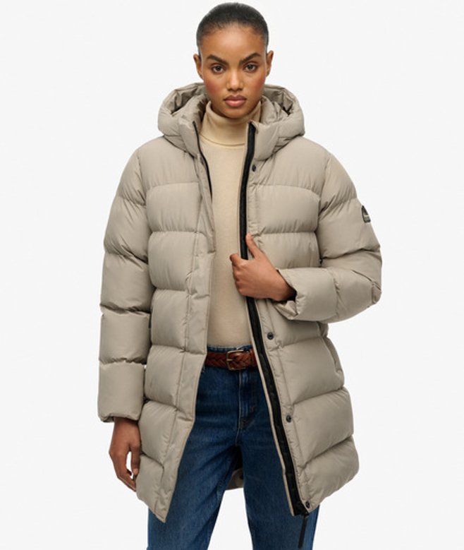 Superdry Sports Halflange Pufferjas met Capuchon Beige