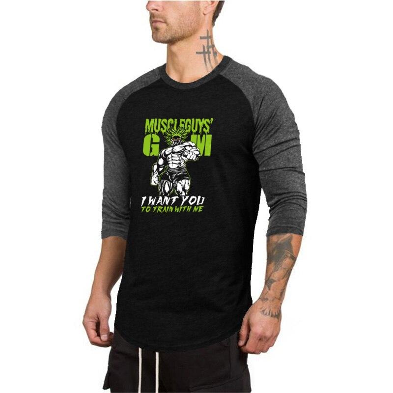 Muscleguys Heren Hot Item Causaal T-shirt met 3/4 mouwen Mannelijke print Fitness Katoenen T-shirts Bodybuilding 3/4 mouwen Sportscholen Kleding Spier Jongens Tops XXL grijze kleur/zwart