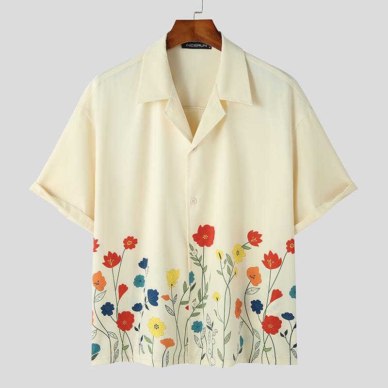 INCERUN zomerprint heren korte mouwen vakantie casual losse shirts 2XL beige