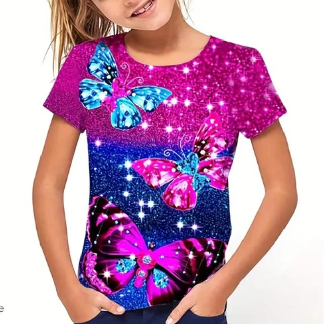 Xuhaijian02 Tieners Kinderen Lichtgevende Vlinder 3D Print Tee Meisjes Casual Korte Mouw Nieuwigheid T-shirt Feestkostuum Dagelijkse Outfit Tops Kleding 110