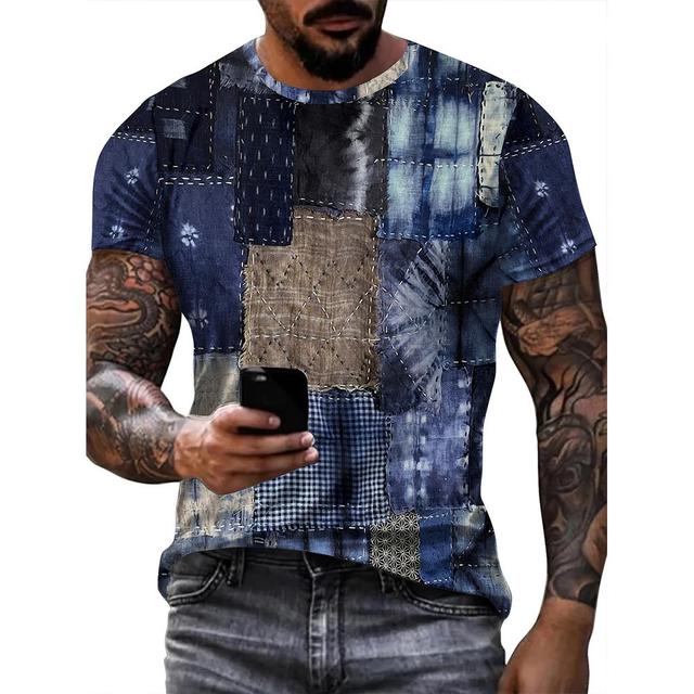 Chengyu Vintage T-shirt voor heren Patchwork Denim Grafische T-shirts 3D-print Korte mouw Casual T-shirt Oversized Herenkleding Tops 3XL