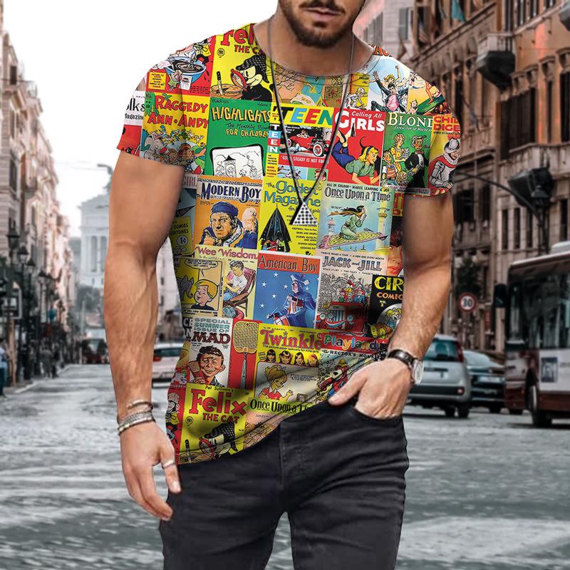 HerSight Vintage jaren 60 Cartoon Patroon T-shirts Letters Zomer T-shirts Heren Streetwear 3D Print T-shirt Mode O-hals Korte Mouw Tops 6XL