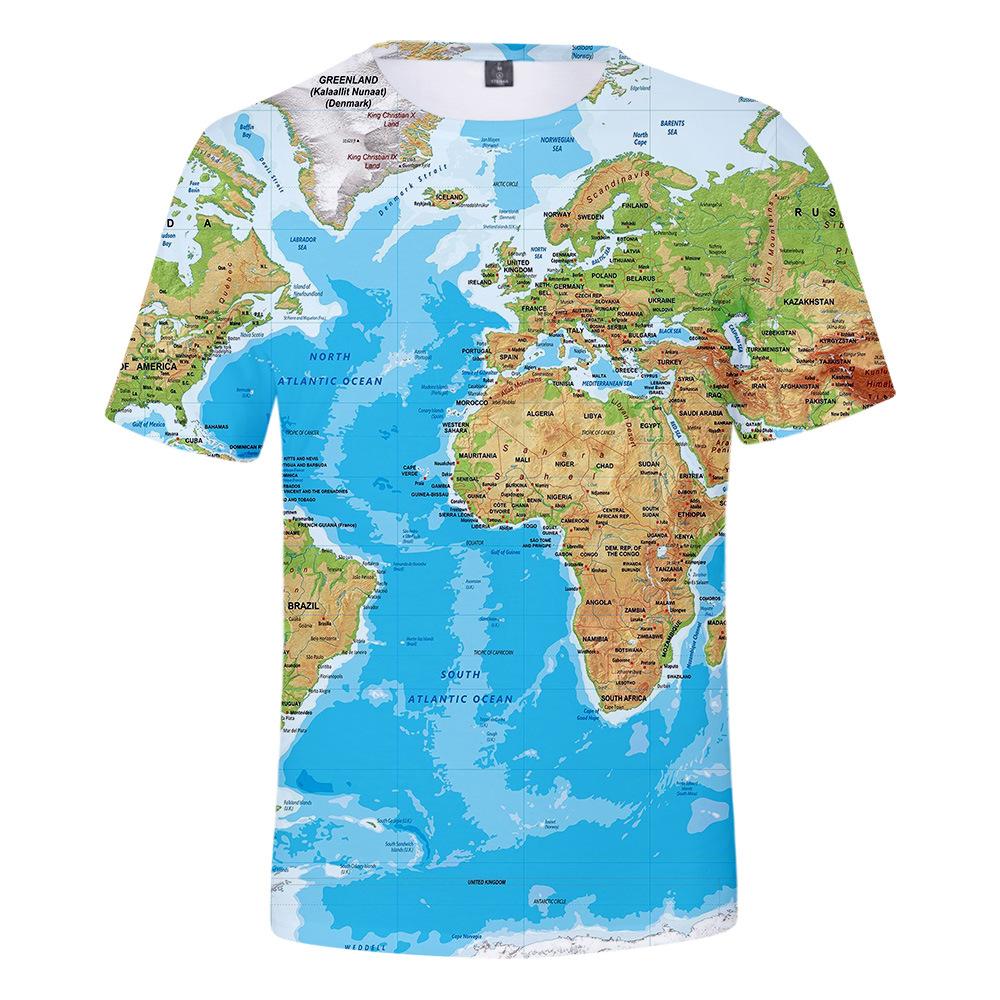 Jessyca Lady Summer Round Neck 3D World Map Printed Top Fashionable Casual Short Sleeved Men's and Boys' T-shirts 3XL