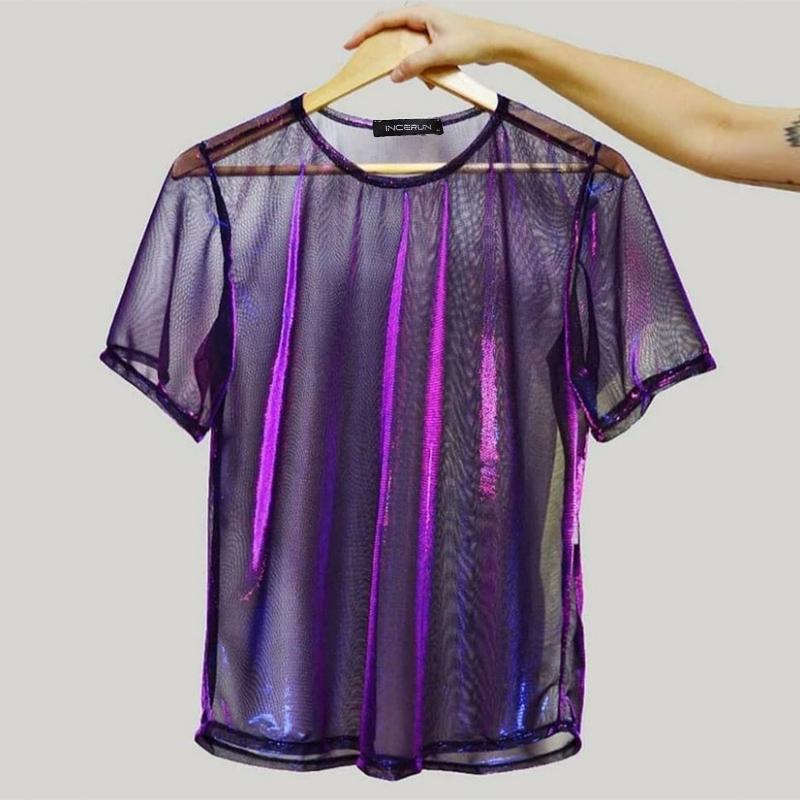 INCERUN S-5XL Heren Casual Tees Streetwear Doorschijnend Flash Tops Party Nachtclub Glanzend Korte mouwen T-shirts 5XL paars