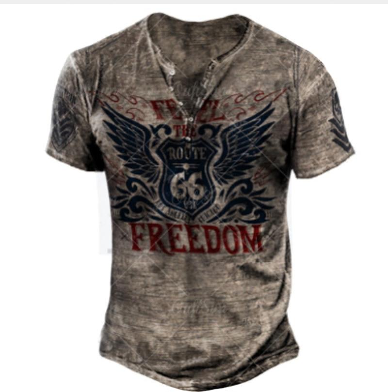 Haodingfushi Mannen V-kraag Knop Vintage T-shirt, Zomermode Punk T-shirt met korte mouwen. XL