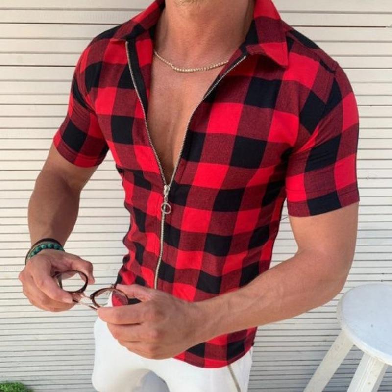 Bestnify apparel Geruit bedrukt overhemd Zomermode Heren T-shirt met korte mouwen en capuchon en ritssluiting uit één stuk M