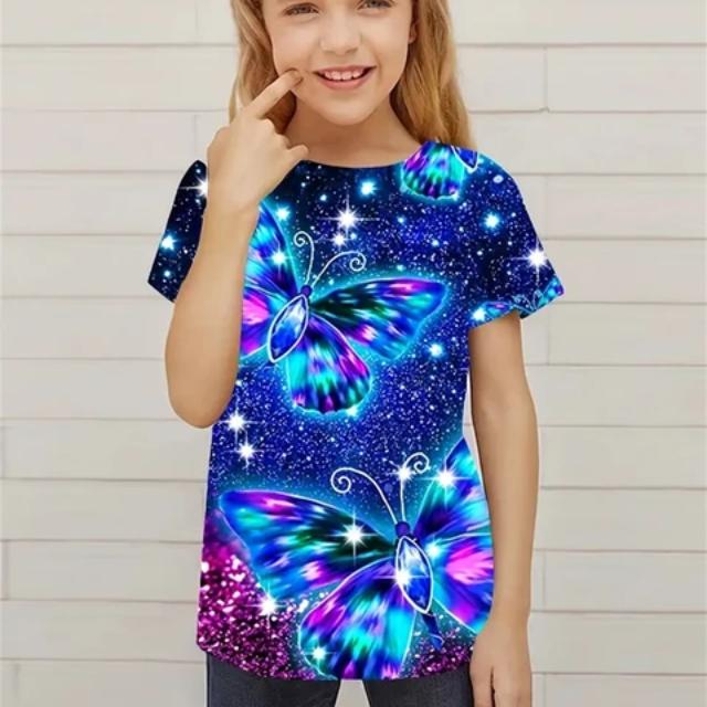 Xuhaijian02 Tieners Kinderen Lichtgevende Vlinder 3D Print Tee Meisjes Casual Korte Mouw Nieuwigheid T-shirt Feestkostuum Dagelijkse Outfit Tops Kleding 110