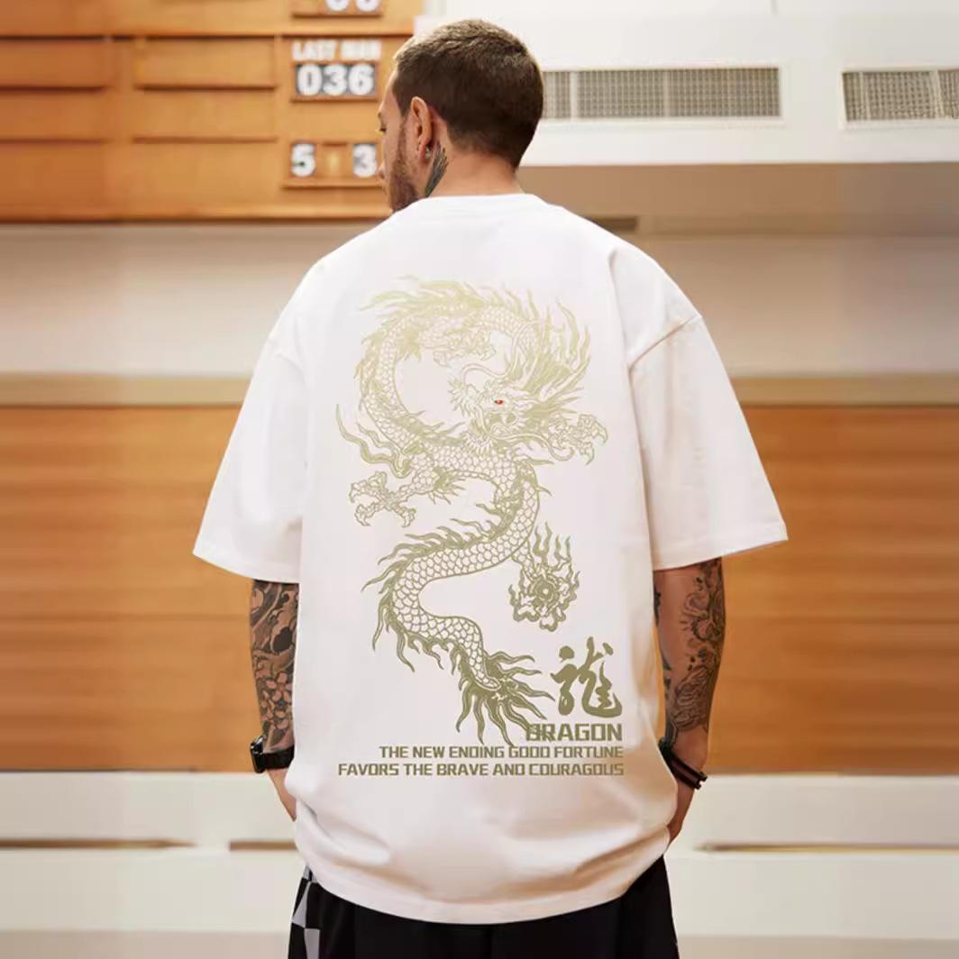 Fashion human Nieuwe Chinese wind Jaar van de Draak gedrukte t-shirt met korte mouwen mannen losse grote werven straat hiphop vijf half mouwen tops XL