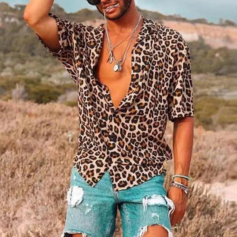 Camping Out Zomer Heren Luipaardprint Korte Mouw Overhemd Casual en Comfortabel Revers T-shirt Mode Straat Trend Bedrukt Overhemd S-5XL XXL geel