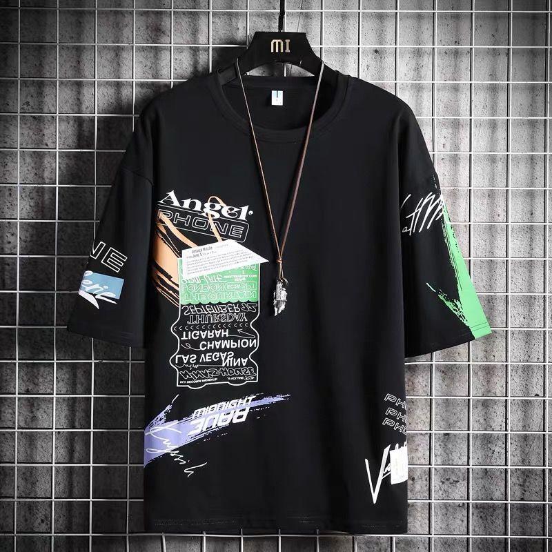 WTEMPO T-shirt met zomerprint, los T-shirt voor heren met korte mouwen, Trend Graffiti-patroon en vijfpuntsmouwen L