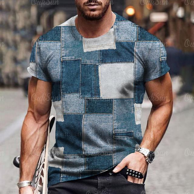 Chengyu Heren T-shirt 3D Digitaal Patchwork Grafische Print Korte Mouw T-shirts Comfortabel Casual Elastische Ronde Hals Heren Buitenactiviteiten Top XL