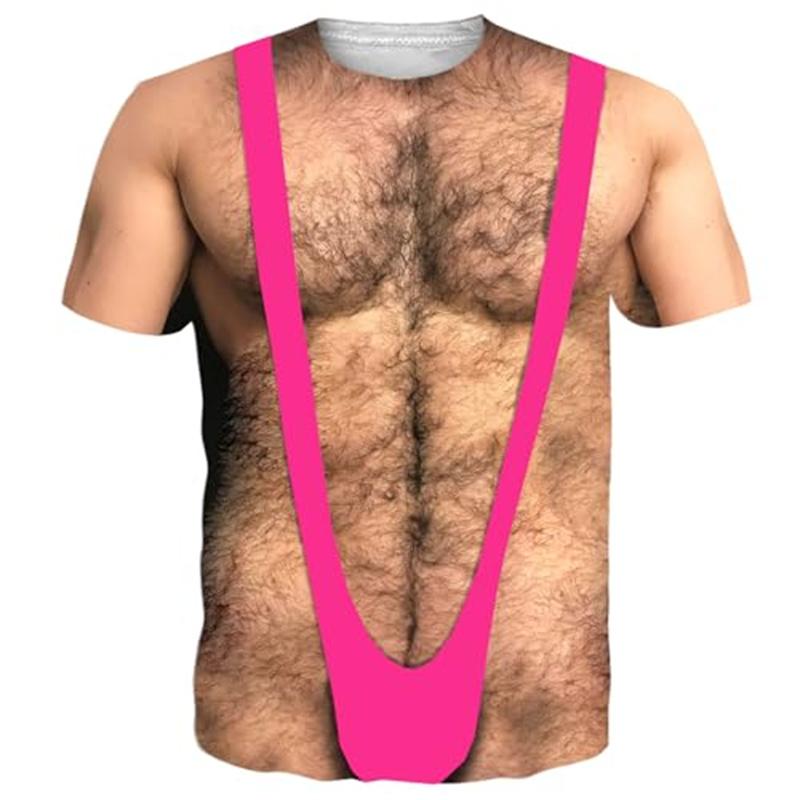 Bobby4 Grappige 3D neppe buikspieren T-shirts voor mannen, harige gespierde borst, korte mouwen cosplay kostuum, nieuwigheid, sexy oversized T-shirt 3XL