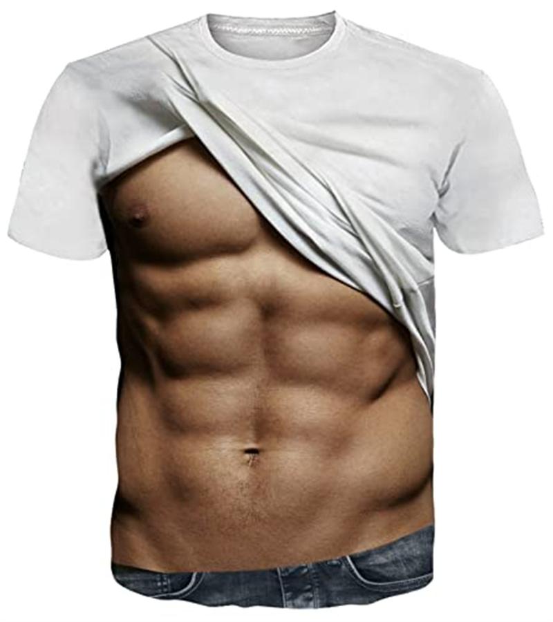 Bobby4 Grappige 3D neppe buikspieren T-shirts voor mannen, harige gespierde borst, korte mouwen cosplay kostuum, nieuwigheid, sexy oversized T-shirt 4XL