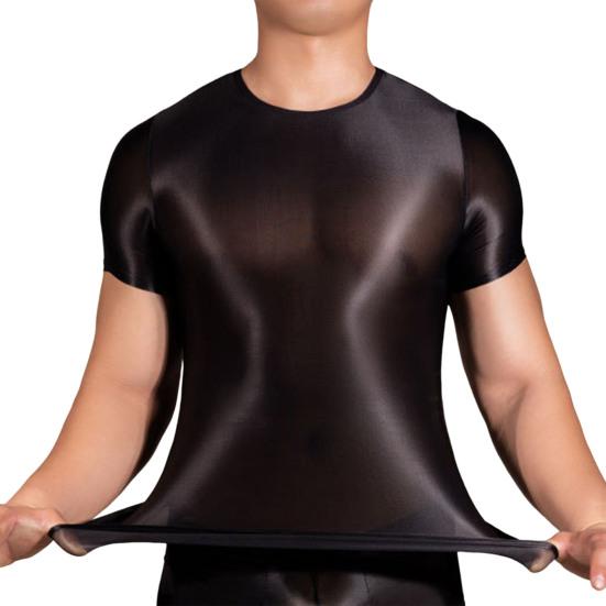 Borderless Boutique Men T-shirt Thin High Elasticity Round Neck Short Sleeves Slim Fit Good Breathability See-through Glossy Surface Top zwart