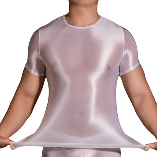 Borderless Boutique Men T-shirt Thin High Elasticity Round Neck Short Sleeves Slim Fit Good Breathability See-through Glossy Surface Top wit