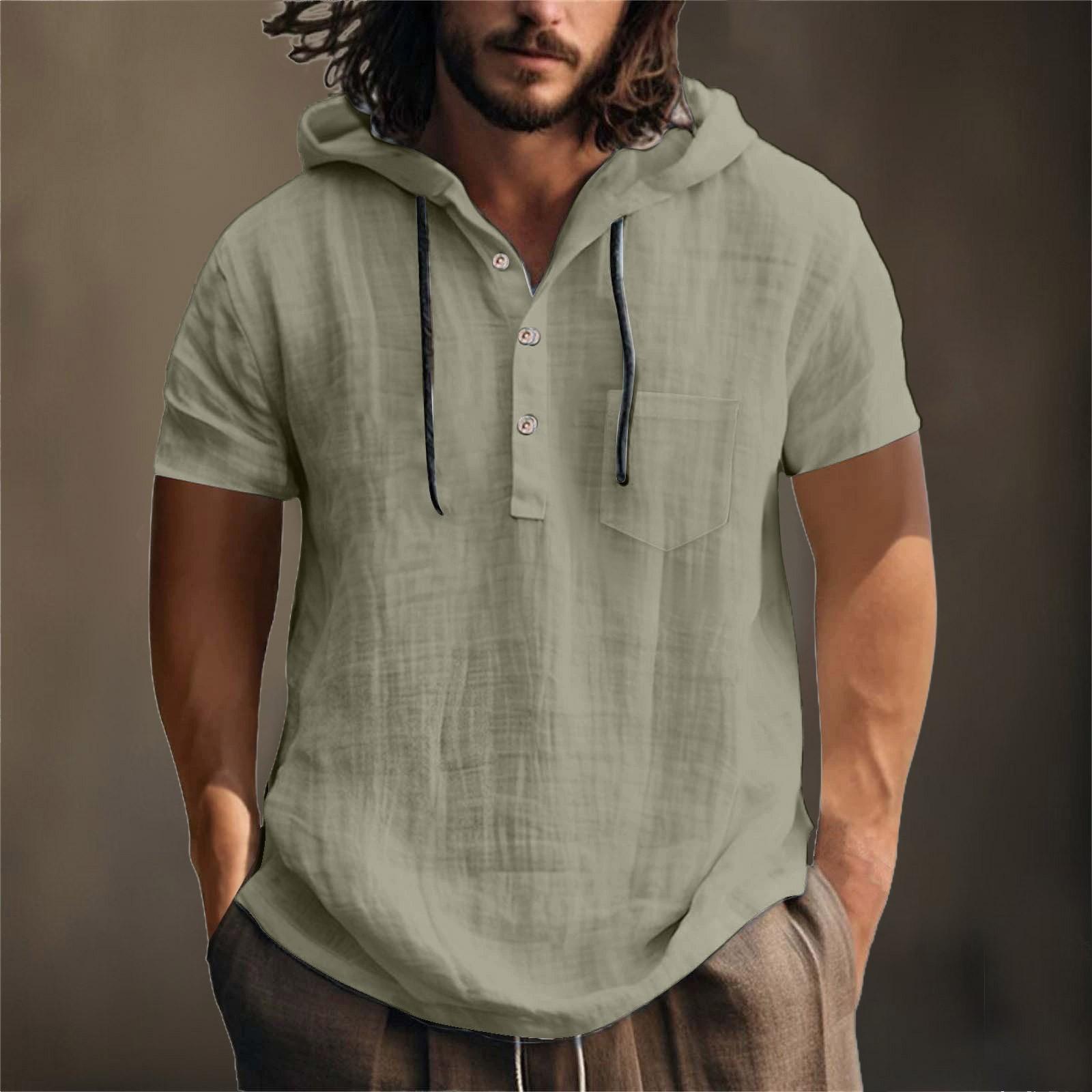 Winnerer Neptune Heren hoodie met korte mouwen, zomers katoen, hennep, katoen, dun, casual, effen kleur, los XXL