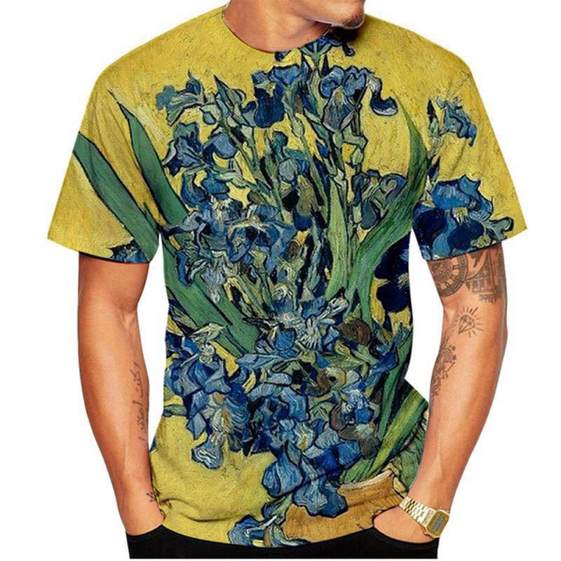 WowClassic Summer Round Neck 3D Van Gogh Art Print Top Fashionable Casual Short Sleeved Men's T-shirts XS