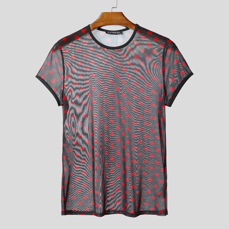INCERUN Men Short Sleeve Mesh Sheer Print Party Club T-shirts Tee 3XL zwart