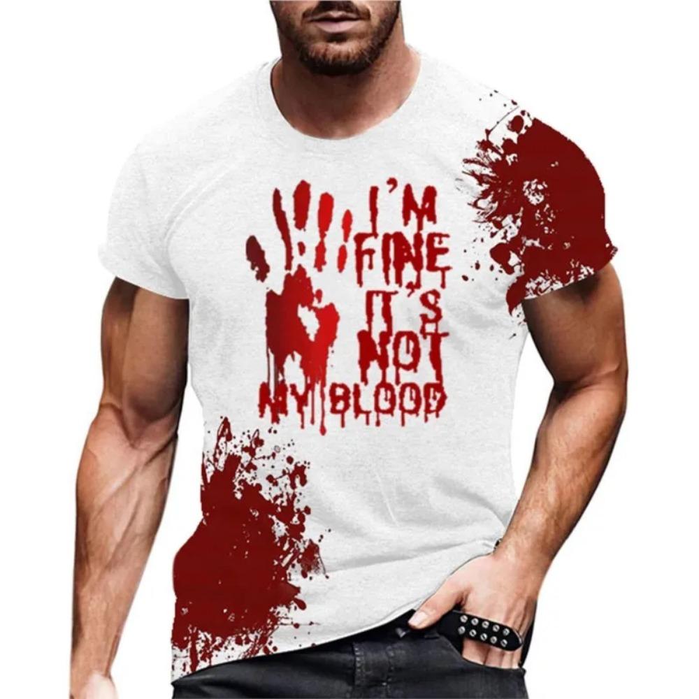 ETST42 2025 New Funny Men's Blood I'm Fine Halloween Print T-shirt Funny Blood Men's Fun Round Neck Casual Short Sleeve 6XL