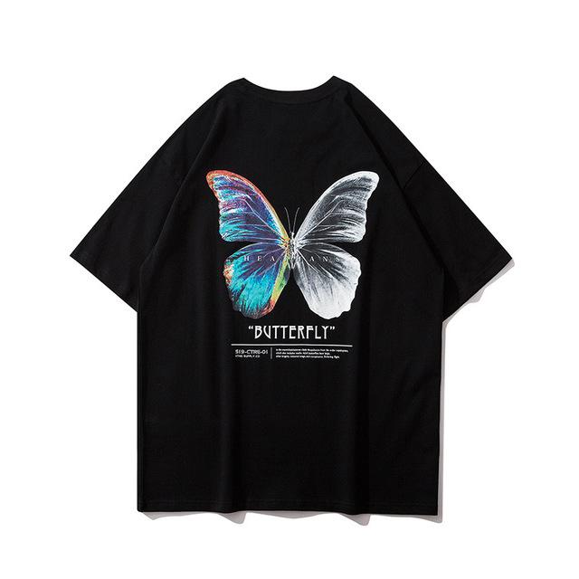 Fashionable life Hip Hop Oversize T-shirt Heren Streetwear Harajuku Kleur Vlinder T-shirt Korte Mouw Katoenen Losse HipHop T-shirt Plus Size M zwart
