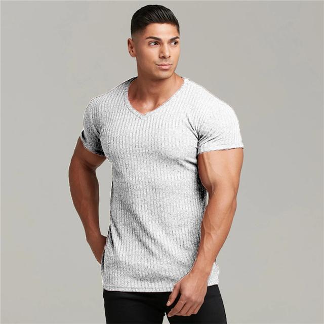 AKA001 Running V-hals T-shirt met korte mouwen Heren Fitness Slim Fit Sportstrips T-shirt Fashion Tees Tops Zomer Gebreide Gymkleding XXL
