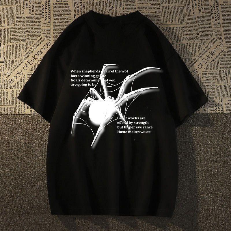 VIYOO 2025 Lente en zomer Nieuwe trendy Amerikaanse hiphop retro korte mouwen losse casual spinnenprint T-shirt heren grote maat S-3XL S