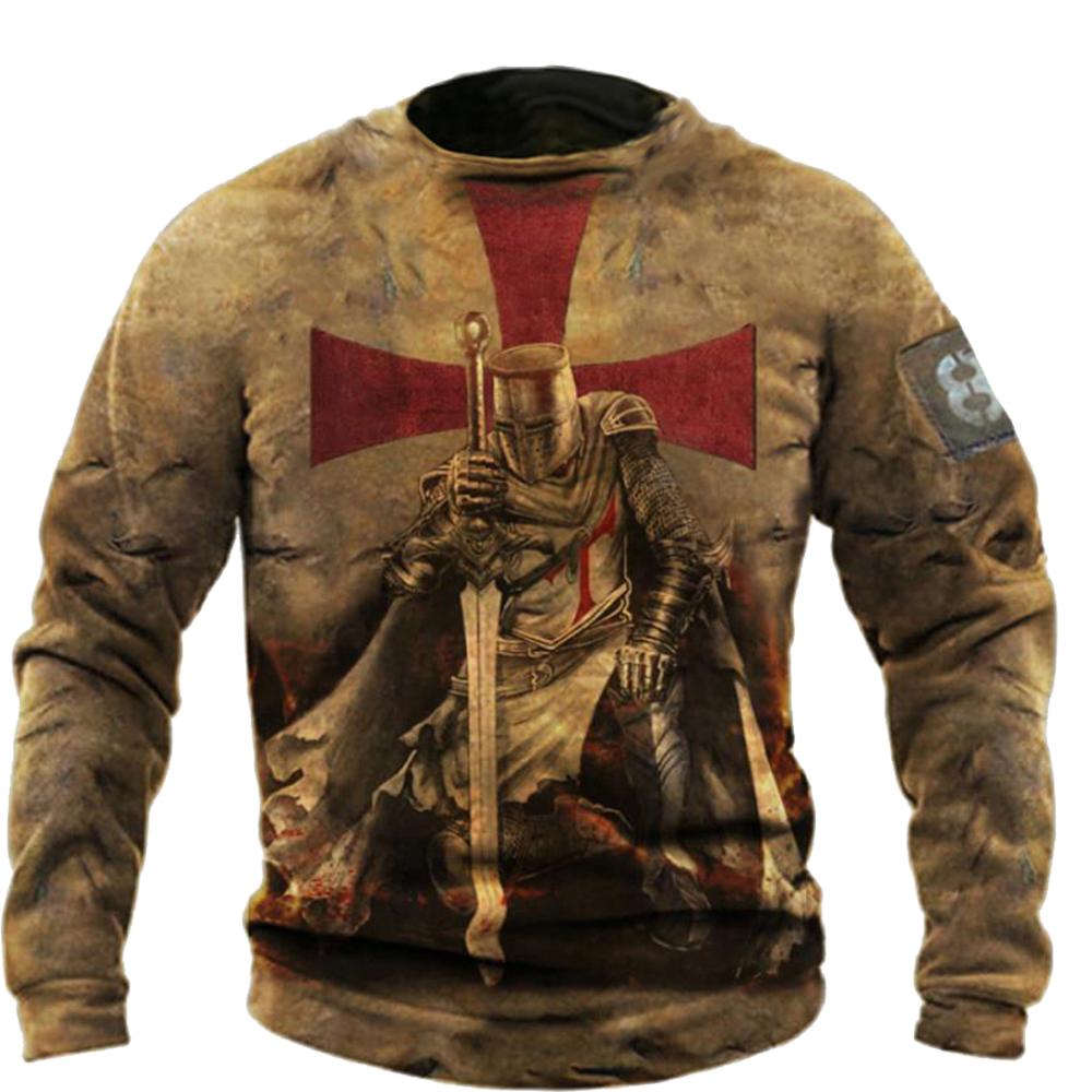 Bobby3 Vintage T-shirts Heren Katoenen T-shirt met lange mouwen Crusader Knight Grafische tops 5xl 3d print T-shirt Casual O-hals Oversized kleding M