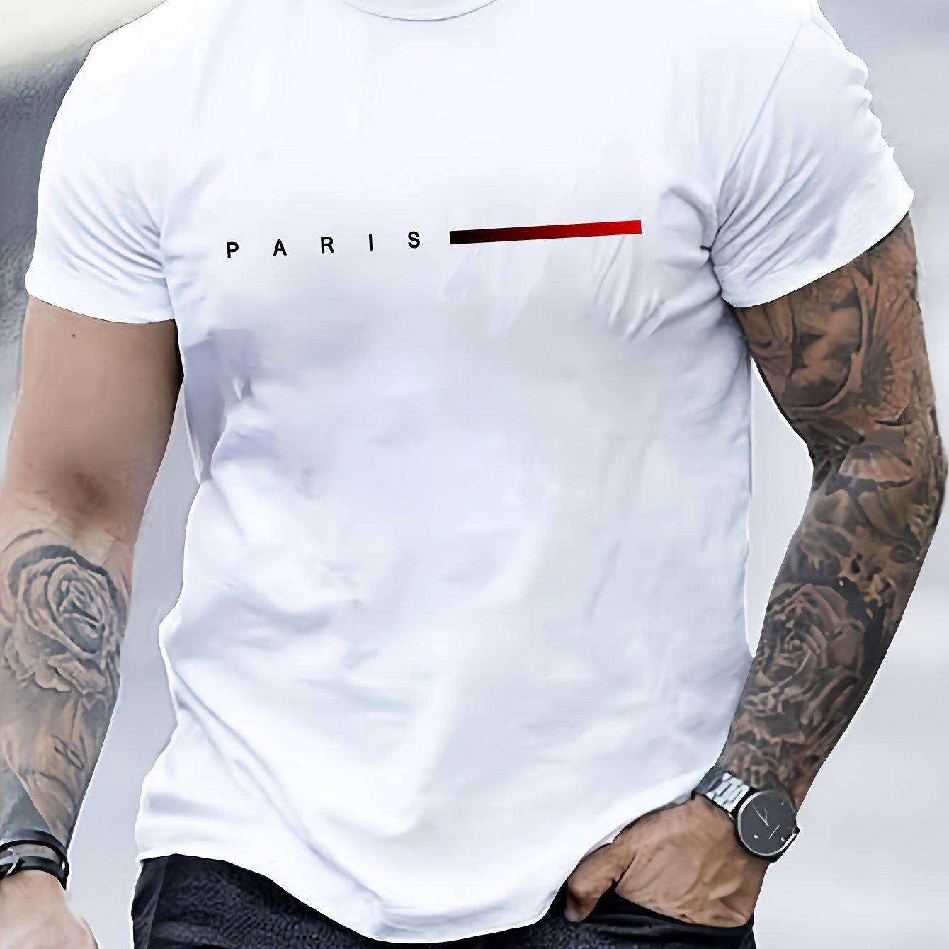 WowClassic Men's 100% cotton summer loose PARIS Creative Letter print casual slim fit round neck short sleeved T-shirt top L