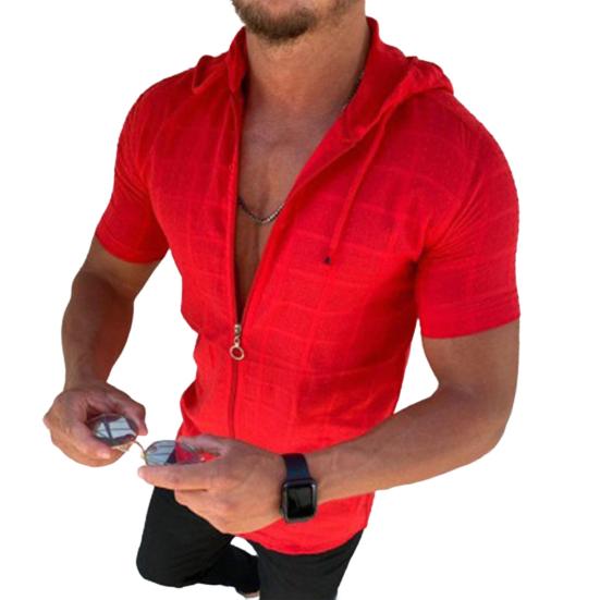 Jixiangzhizhi Heren T-shirt met capuchon, korte mouwen, geruit T-shirt met rits, casual dun zomertopje voor sport, vrije tijd, buiten, strand 2XL